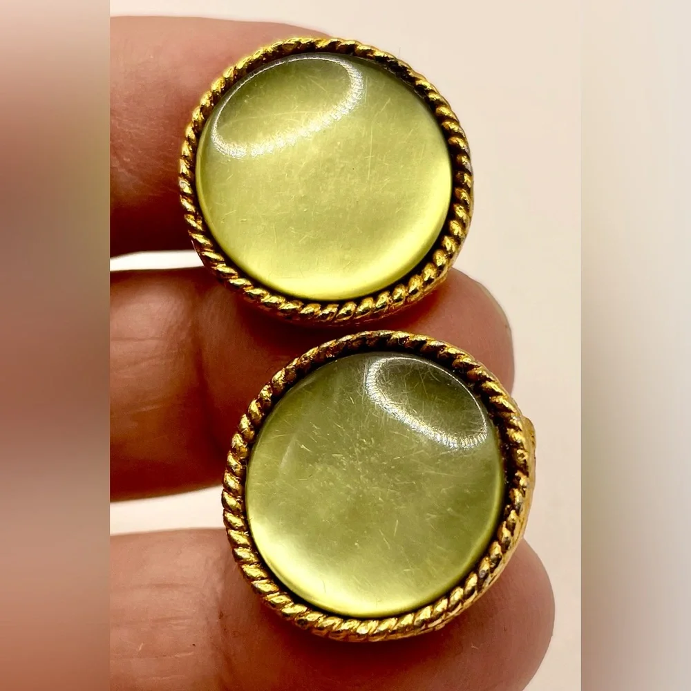 Vintage MCM Gold Tone Round Cufflinks Olive Green Moonglow Lucite